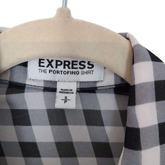 Express Womens S Black White Gingham Checkered Sheer The Portofino Shirt Pockets - Picture 7 of 9